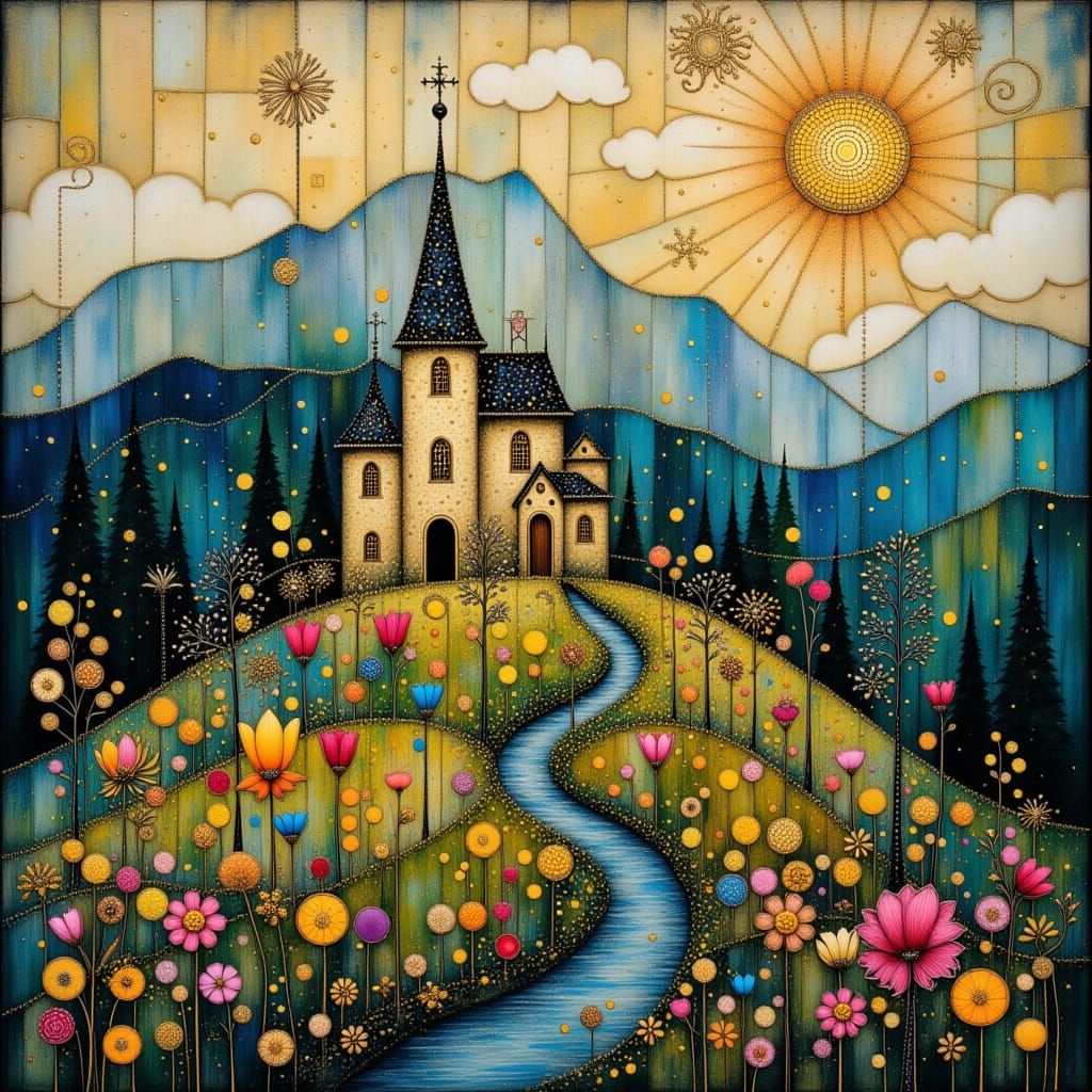 A Whimsical Mountain Village in Stained Glass Style