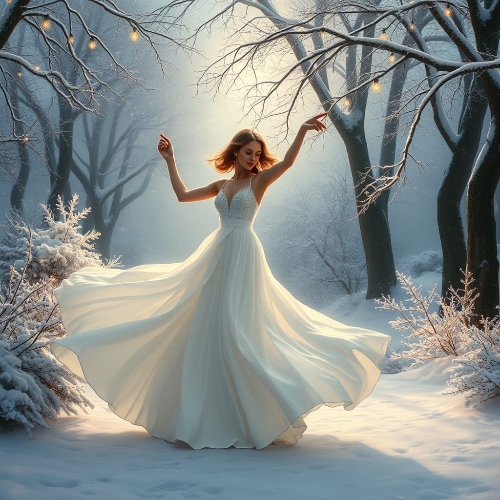 Elegant Woman Dancing in Mystical Winter Garden