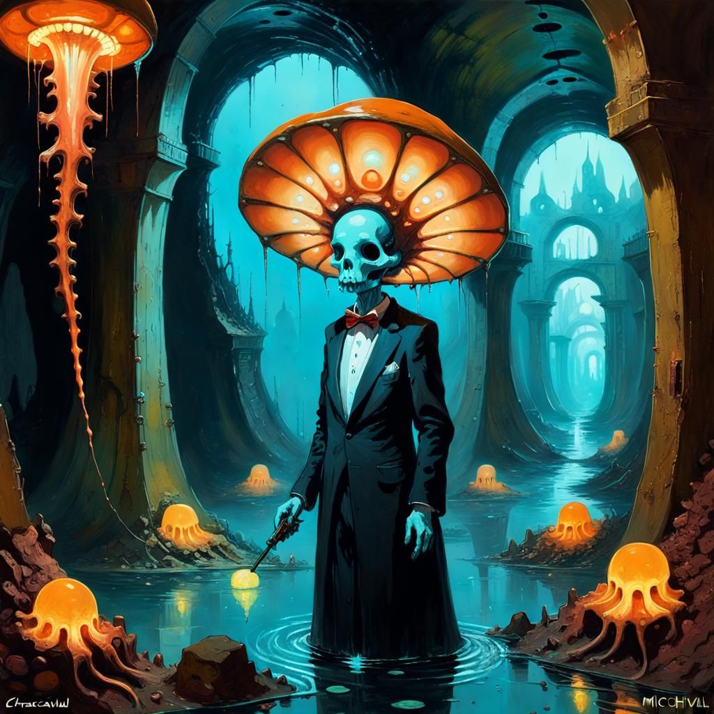 Glowing Myconid in Surreal Catacombs with Fractals