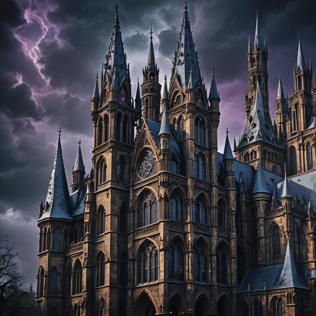 Gothic Castle with Twisted Spires and Stained Glass