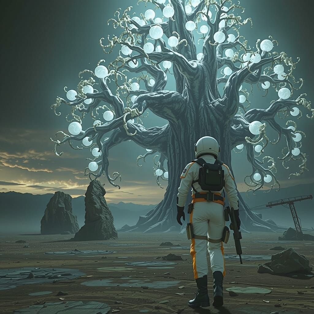 A Lone Astronaut Admires a Colossal Bioluminescent Tree on a...