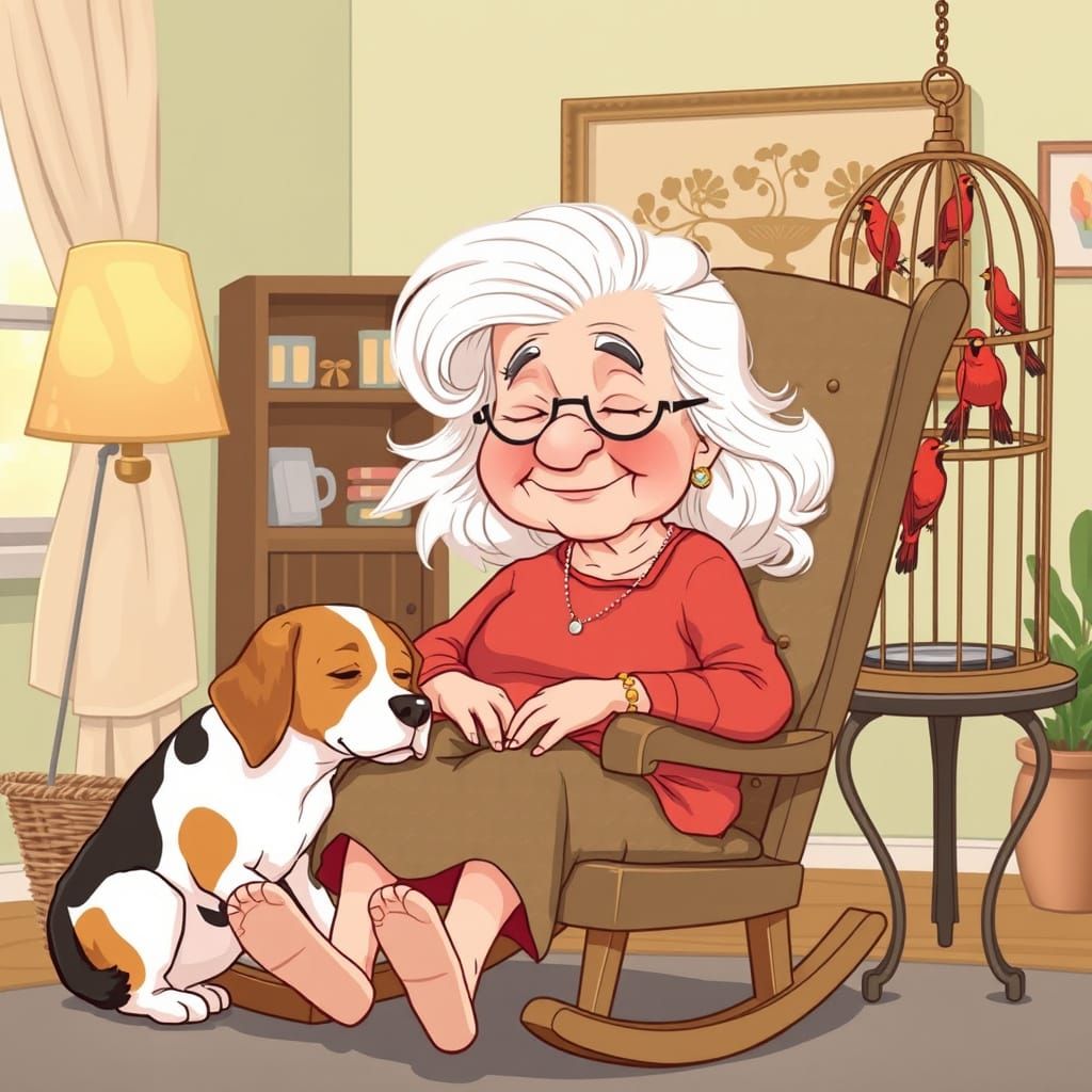 Elderly Woman and Beagle in Cozy Living Room