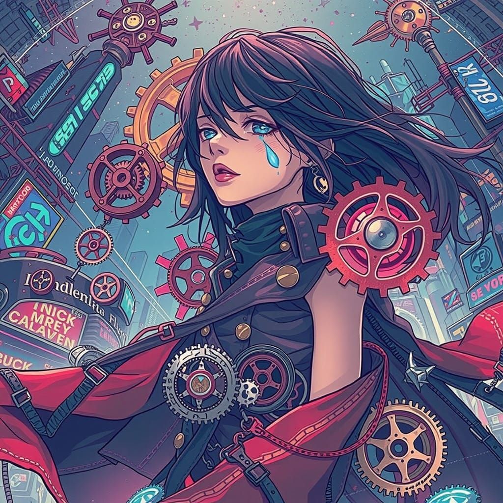 Ethereal Cyberpunk Beauty Amidst Clockwork Chaos