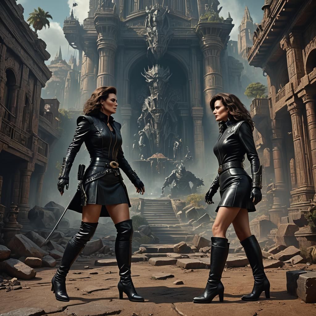 Leather-clad Woman Confronts Monster in Detailed Fantasy Art