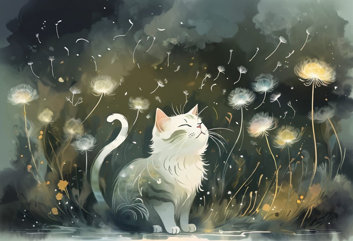 Cat Among Dandelions in Dreamlike Digital Painting