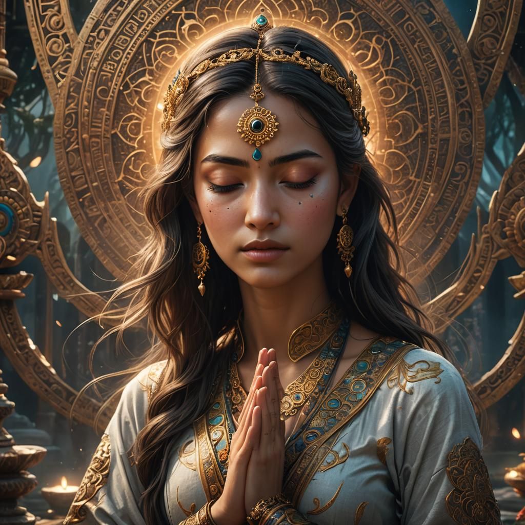 Meditative Woman with Open Ajna Chakra, Detailed Matte Paint...