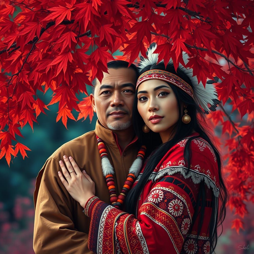 Aboriginal Couple Embrace Under Red Maple Tree