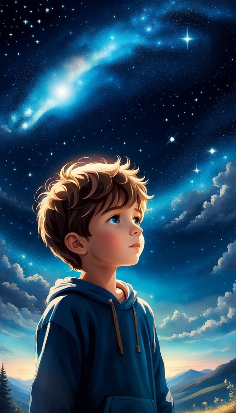 Boy Stargazing in a Mystical Celestial Landscape