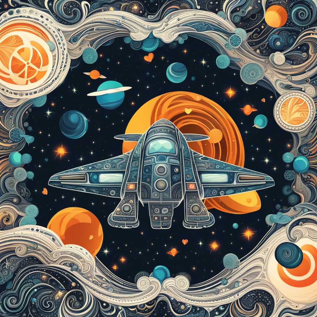 Retro Spaceship with peace signs and love flying in outer sp...