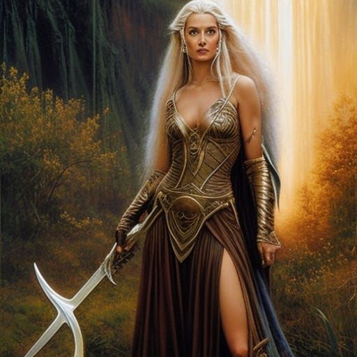 Galadriel-like Elf Warrior with Flaming Sword