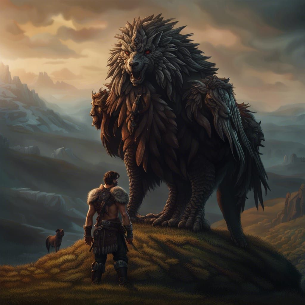 Barbarian and Griffon on Grassy Hill: Epic Digital Art