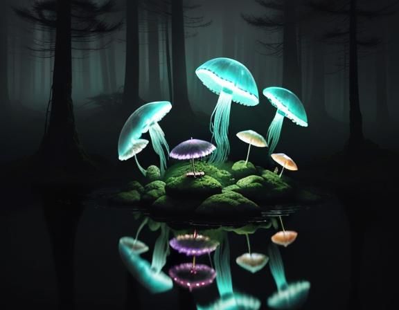 Glowing Jellyfish in Mystical Forest: Cinematic Digital Art