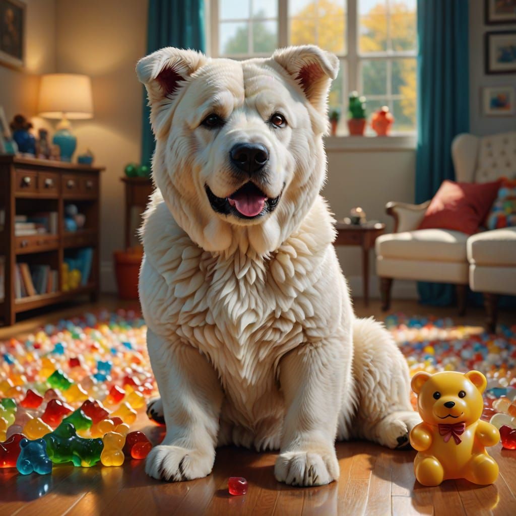 Hyperrealistic Gummy Bear and Dog Portrait
