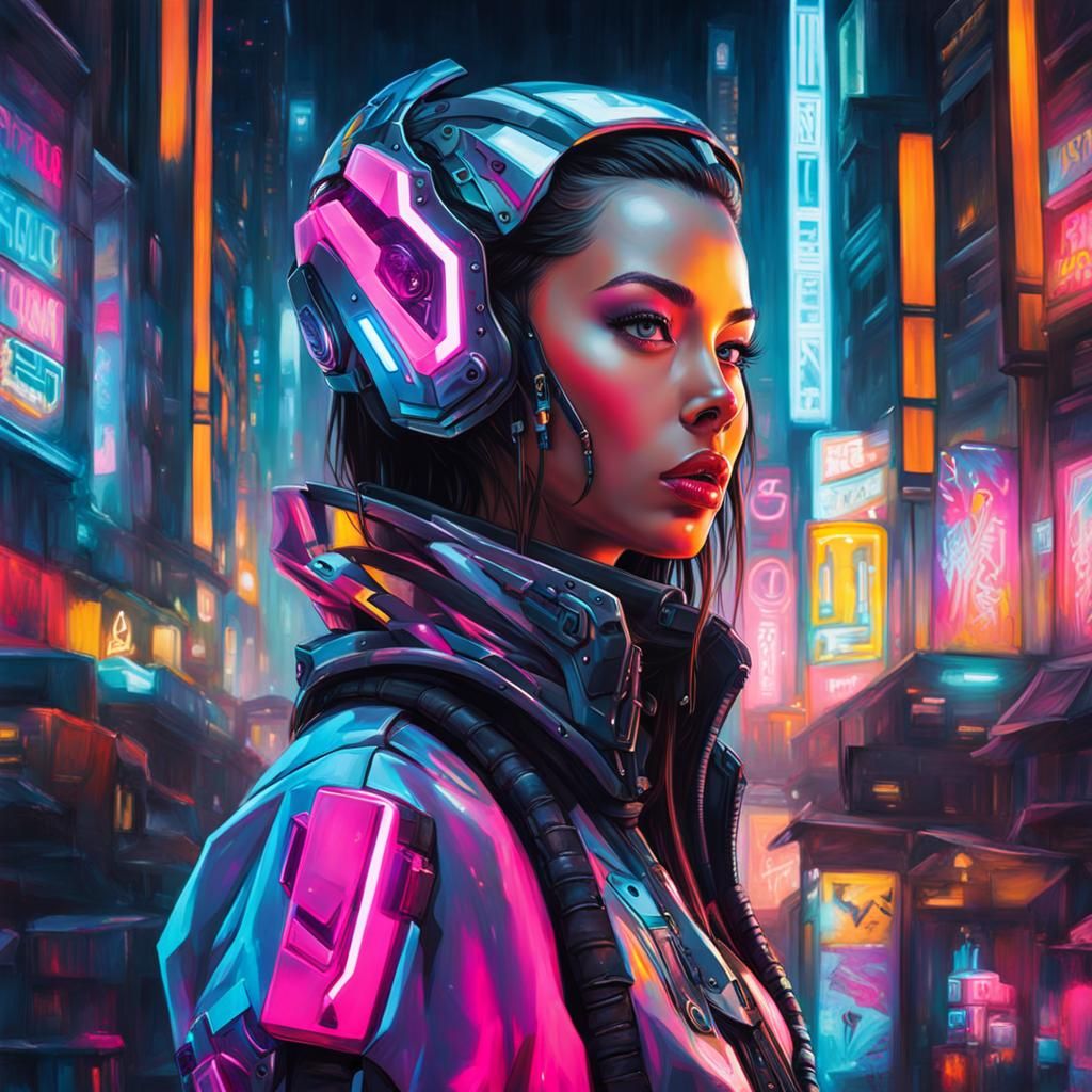Cyborg Girl in Neon City Graffiti Art