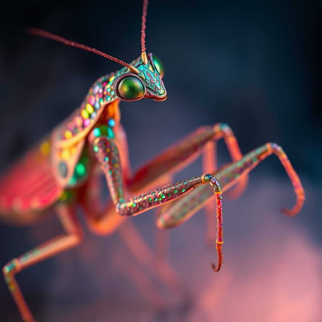 Sequin-Covered Praying Mantis in Mysterious, Smoky Light