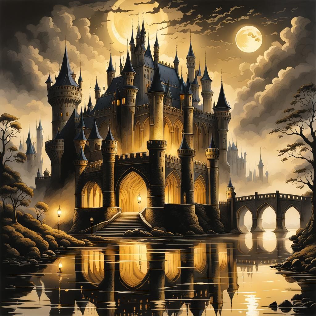 Gothic Castle with Gilded Accents in Pen and Ink