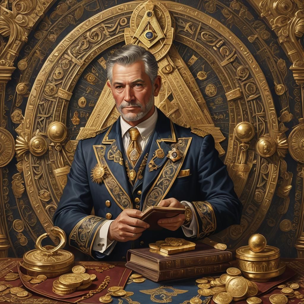 Freemason with Gold Coins and Esoteric Symbols