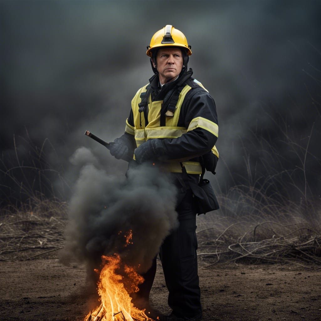 Arsonist Firefighter Portrait in Burning Field