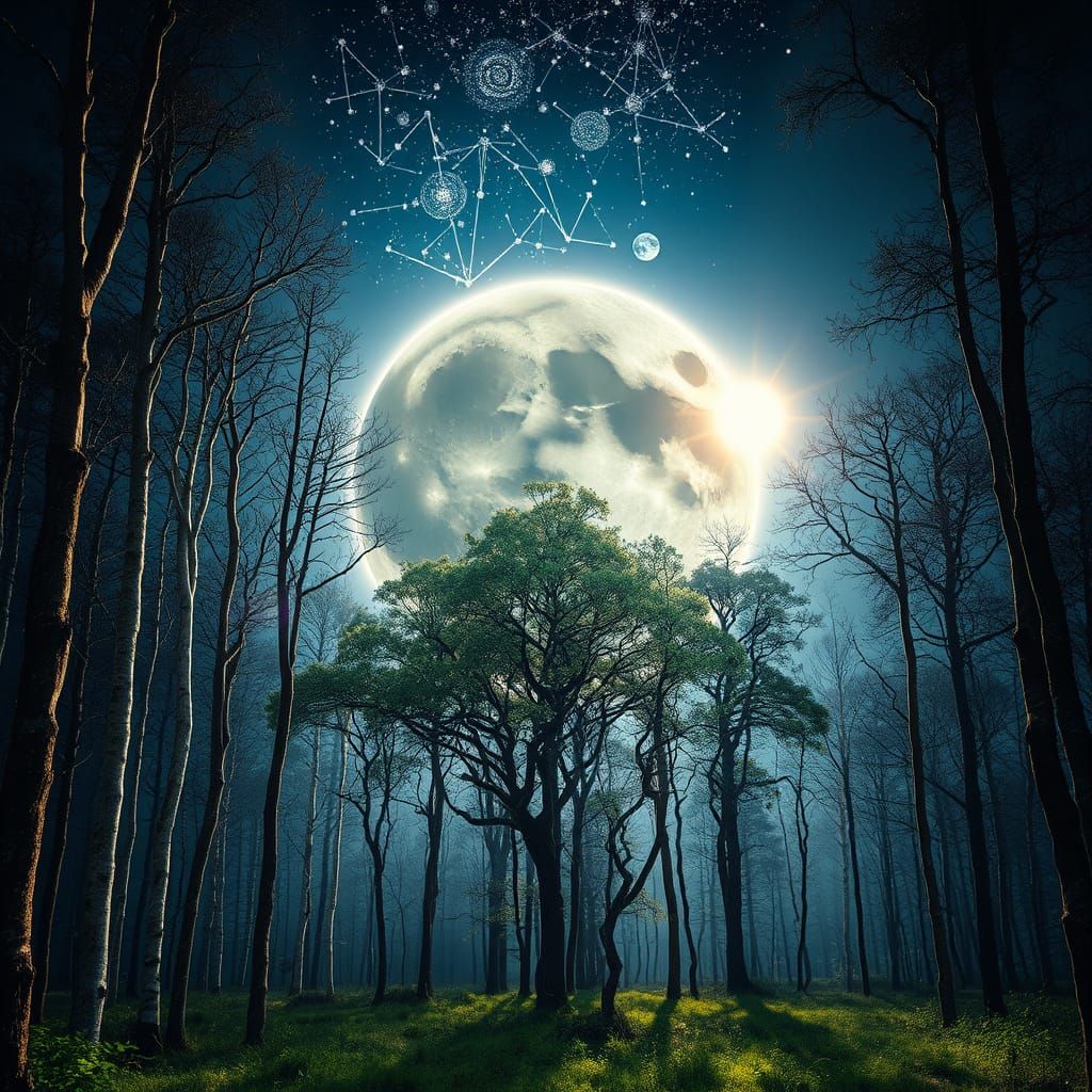 Surreal Double-Exposure of Celestial Forest and Lunar Eclips...
