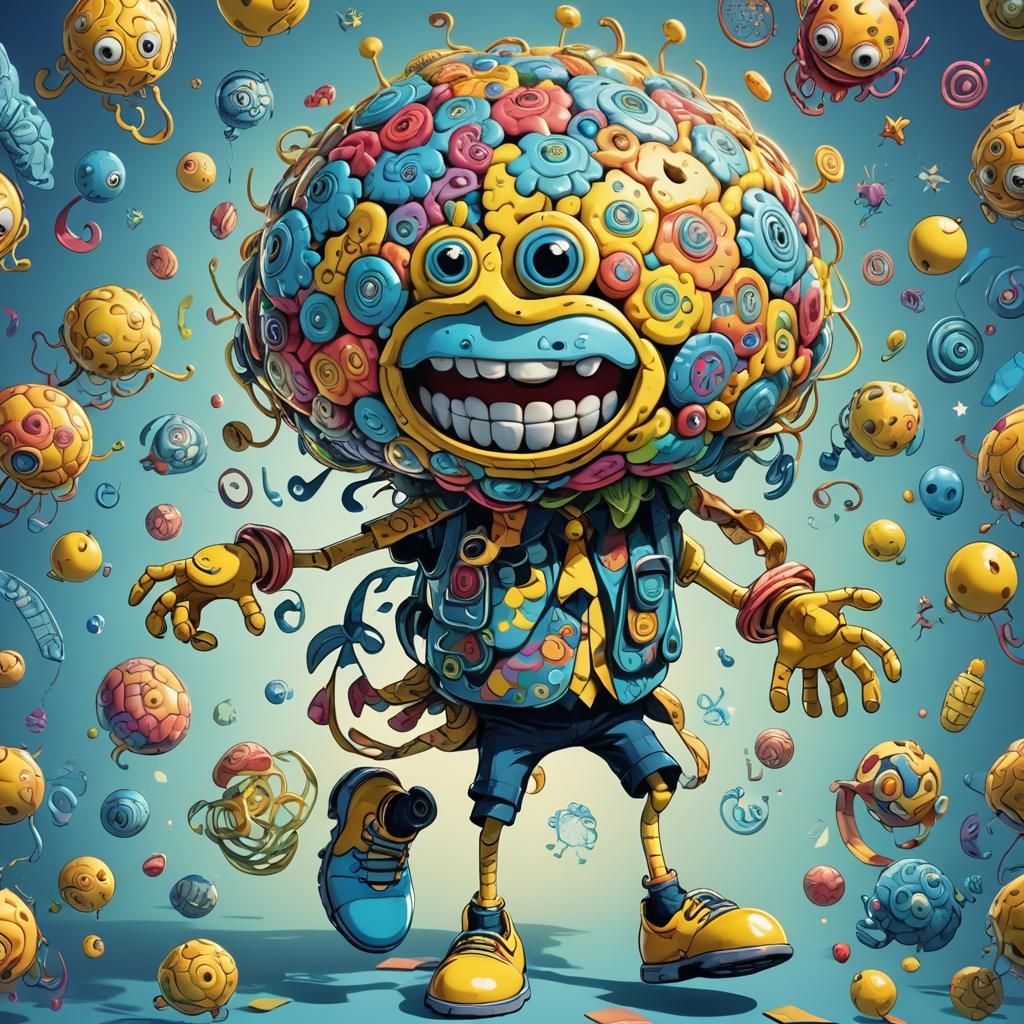 Smiling Brain Creature Walking to School