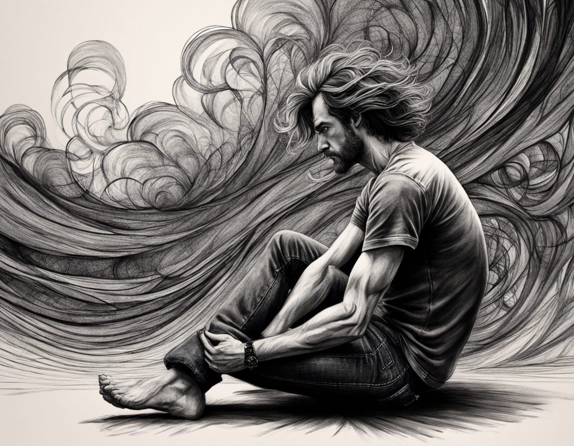 Emotional Charcoal Drawing of a Man Sitting