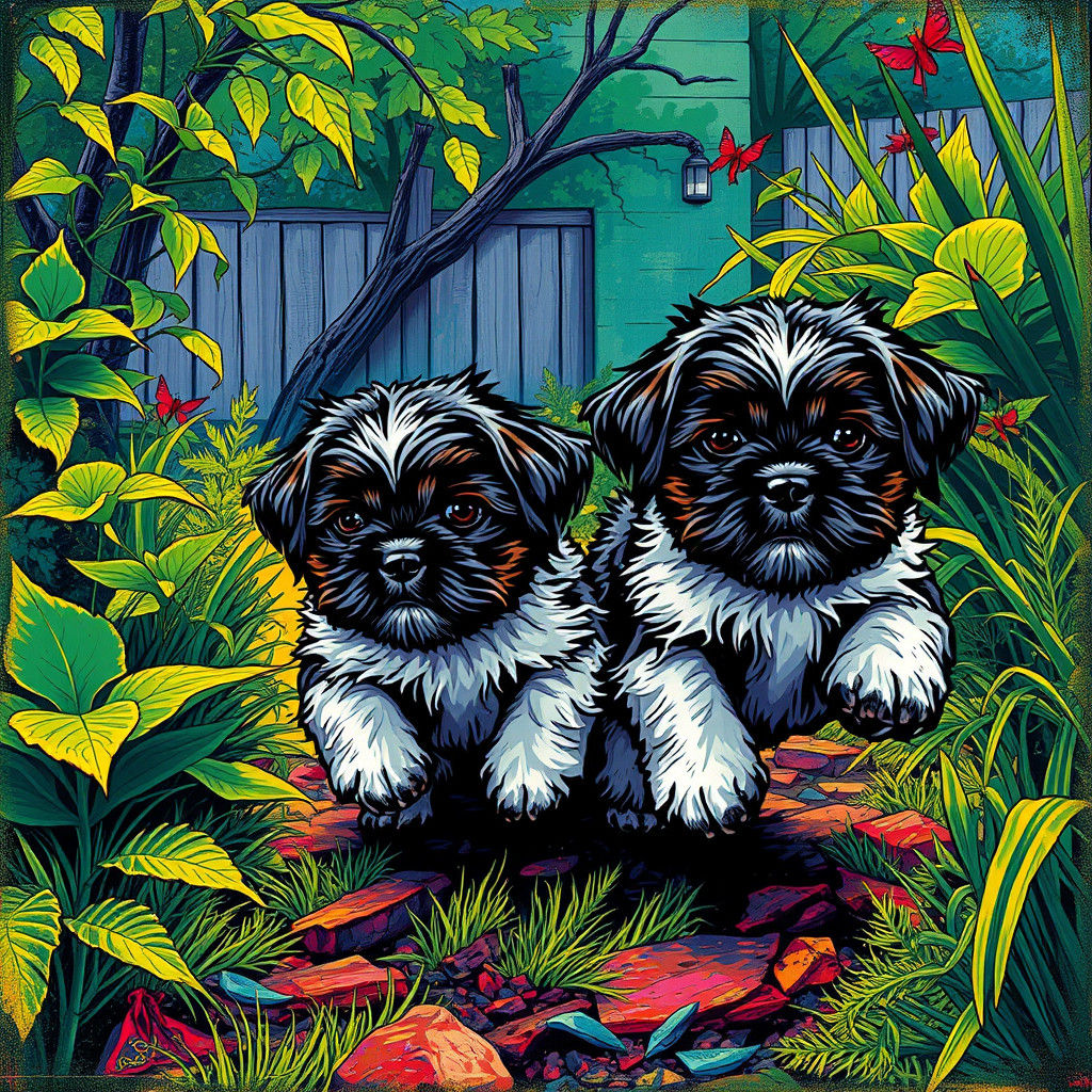 Shih Tzu Puppies in Expressionist Trompe L'oeil Style