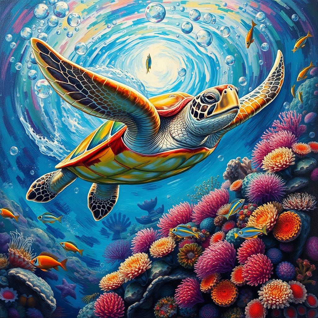 Majestic Sea Turtle in Vibrant Coral Reef Painting