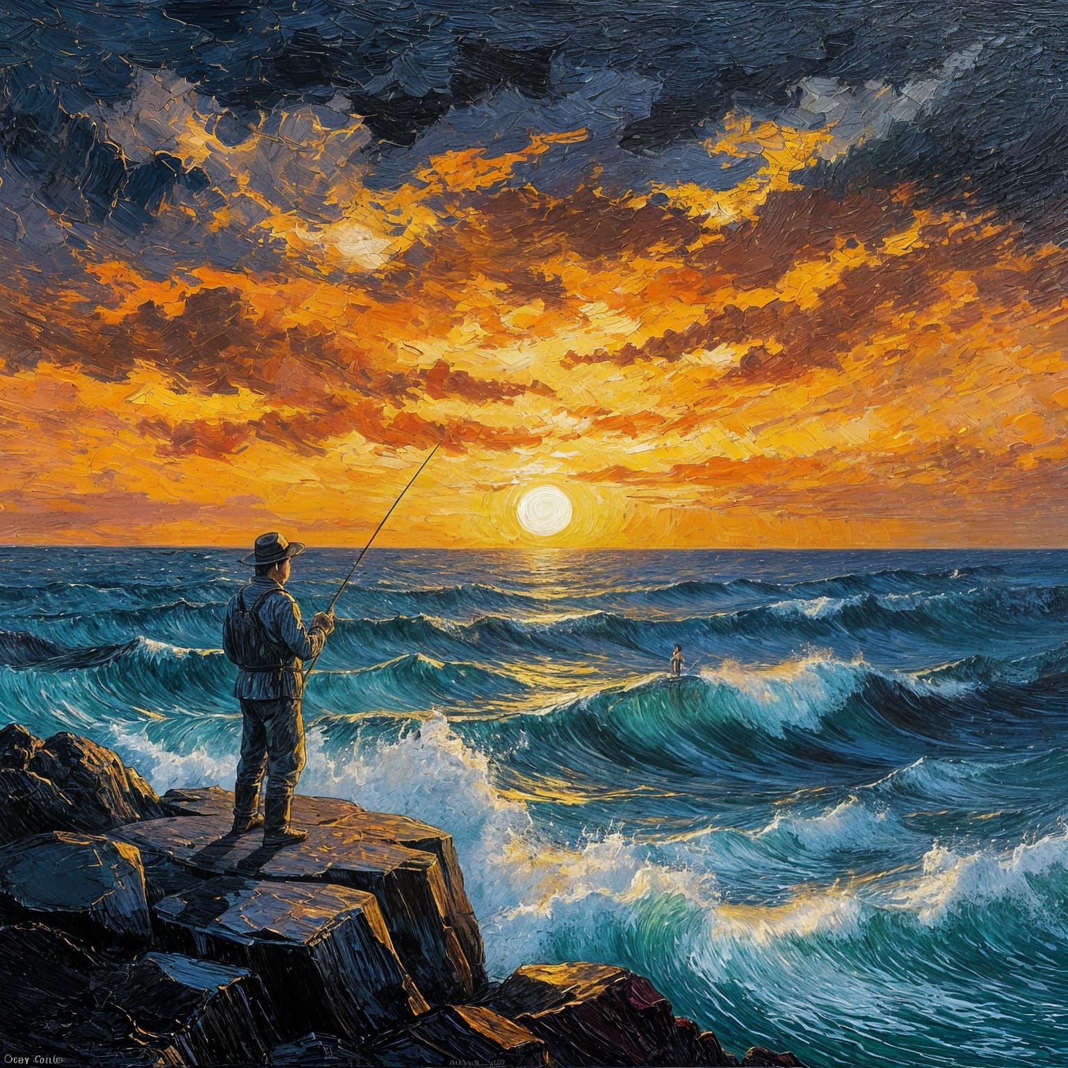 Fisherman at Dawn: Turbulent Ocean in Expressive Oil Style