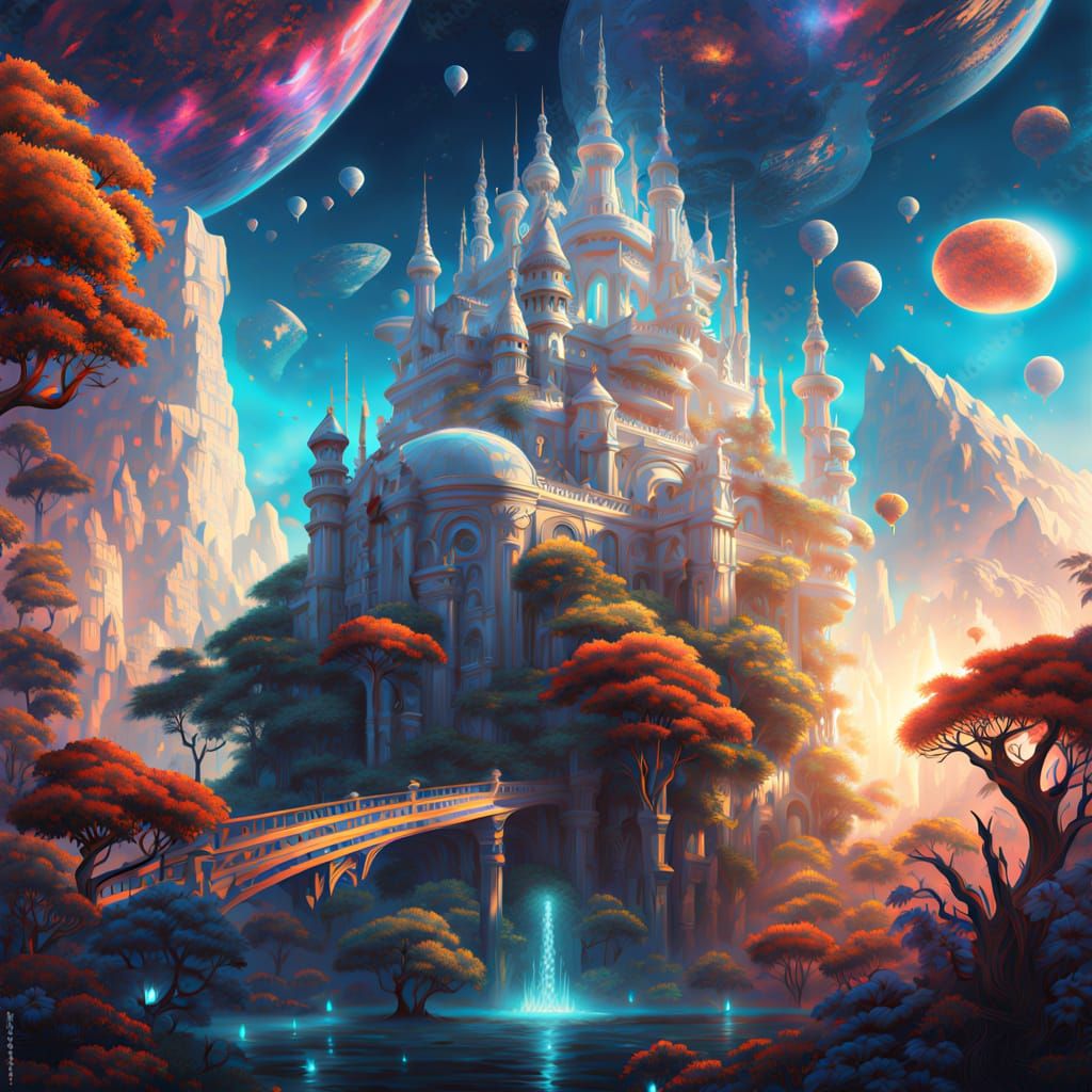 Futuristic Sky Castle with Iridescent Flora in Golden Hour
