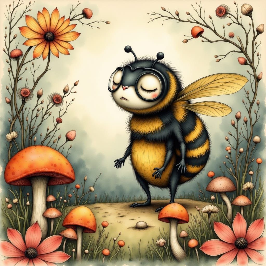 Sleepy Bumblebee. <lora:MO Branchlings:1.0> <lora:-Frickin Cute-:1.0> <lora:Liquid Ink Flux:1.0> <lora:InkMeSoftly:1.0> ...