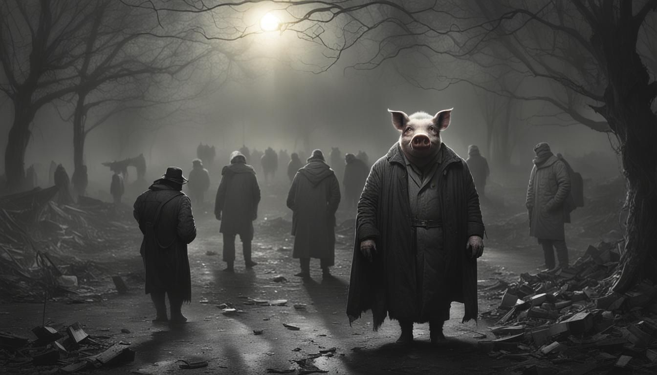 Sinister Ugly Pig in Fog, Greg Rutkowski Style