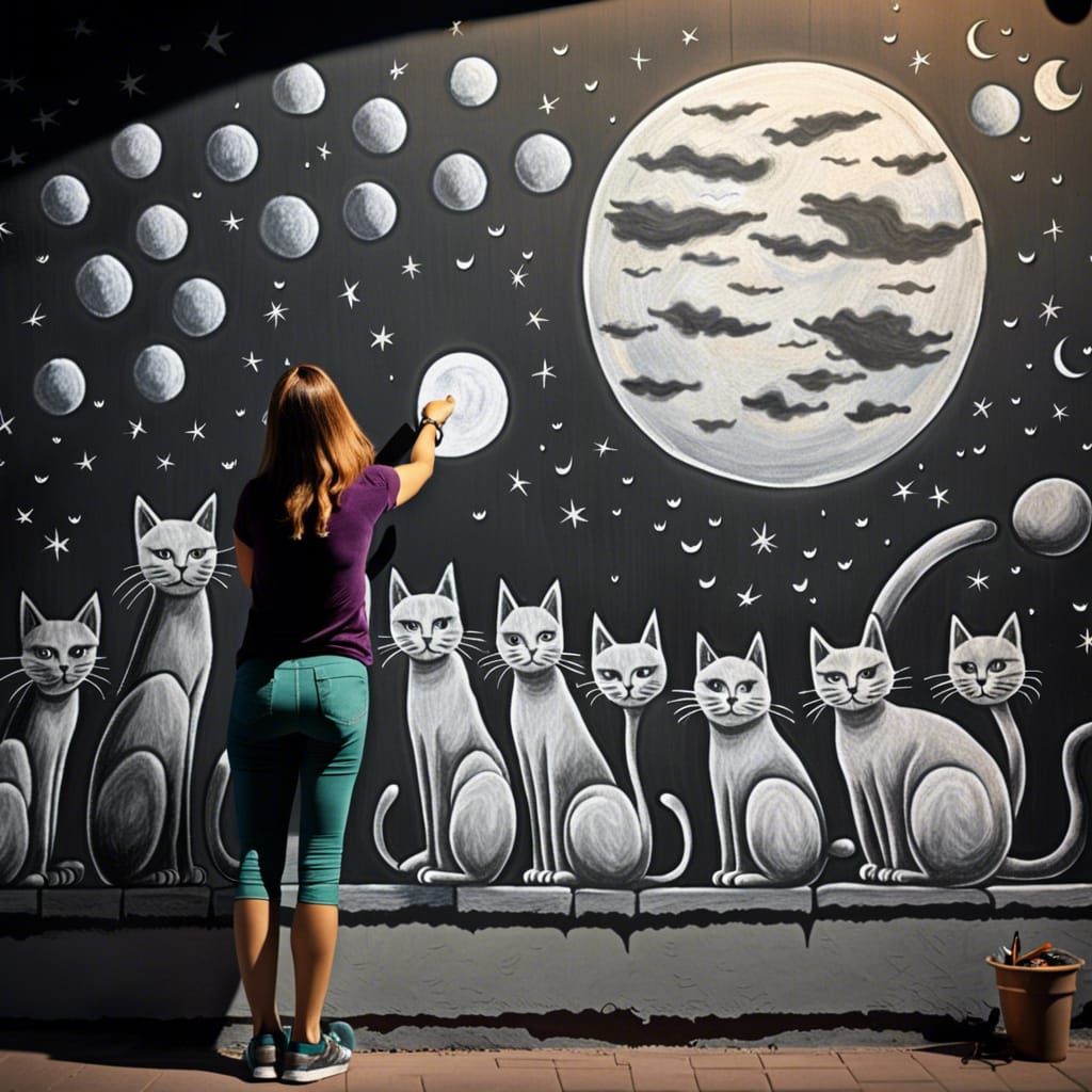 Charming Chalk Art: Woman's Whimsical Cat Gang