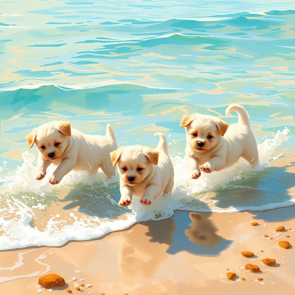 Adorable Puppies Play on Beach in Impressionist Style