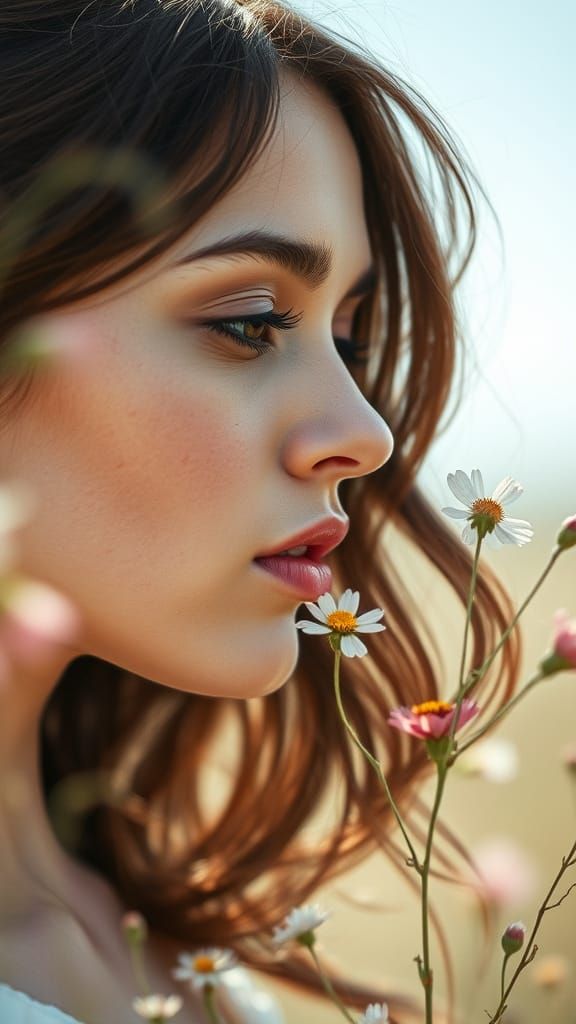 Dreamy Portrait of Serene Woman with Blooming Wildflowers