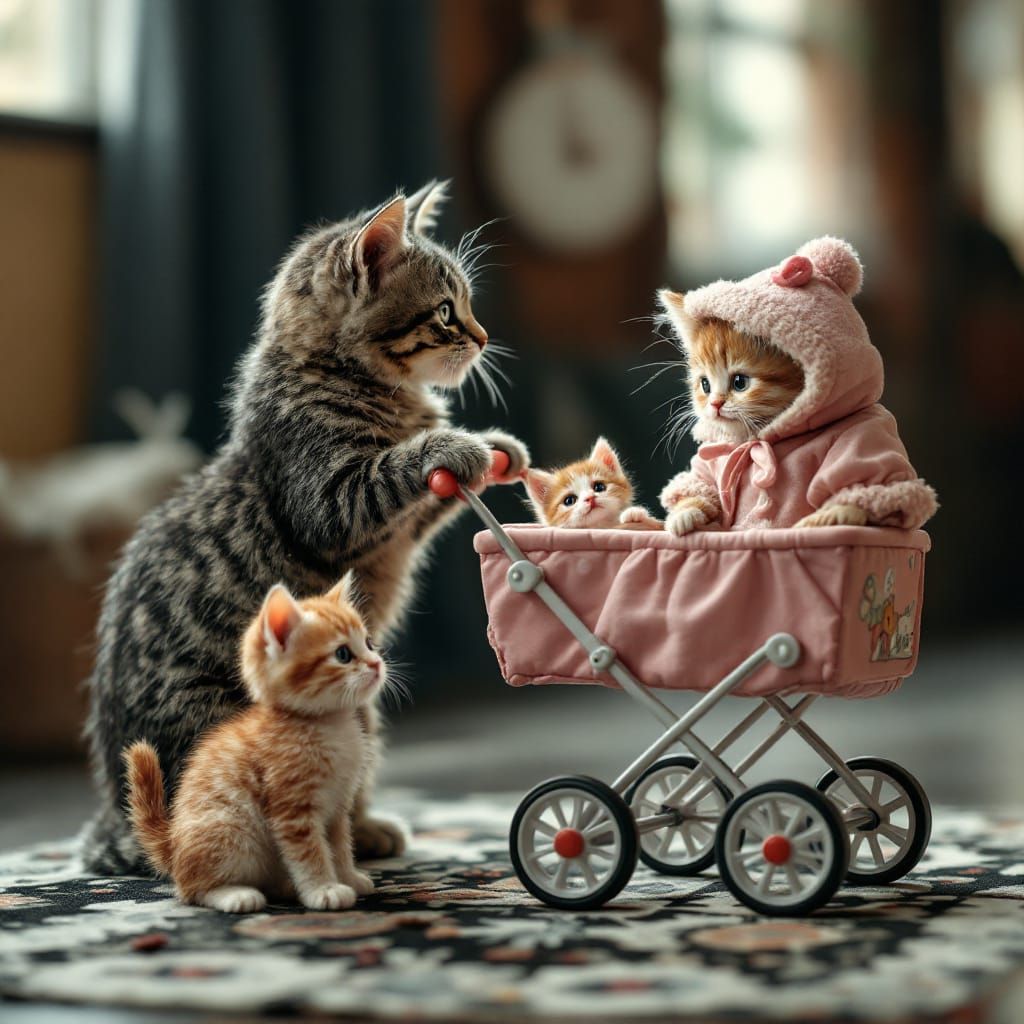 Photorealistic Cat Pushes Doll Pram With Kittens