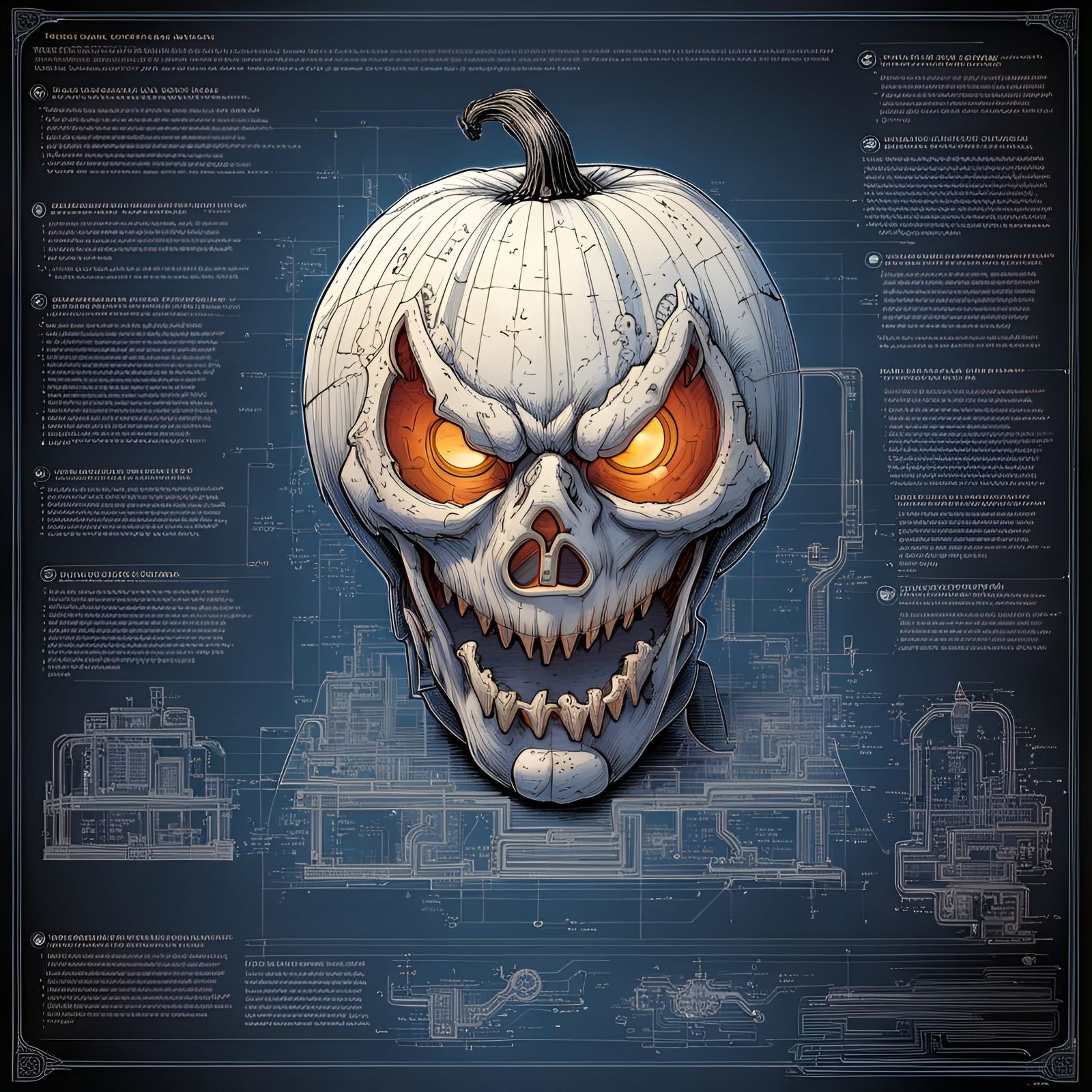 Technical Schematic of Jack-O-Lantern in Comic Art Style
