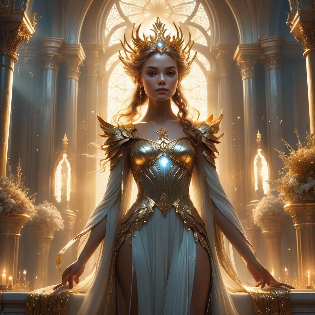 Golden Fae Queen in Majestic Palatial Throne Room
