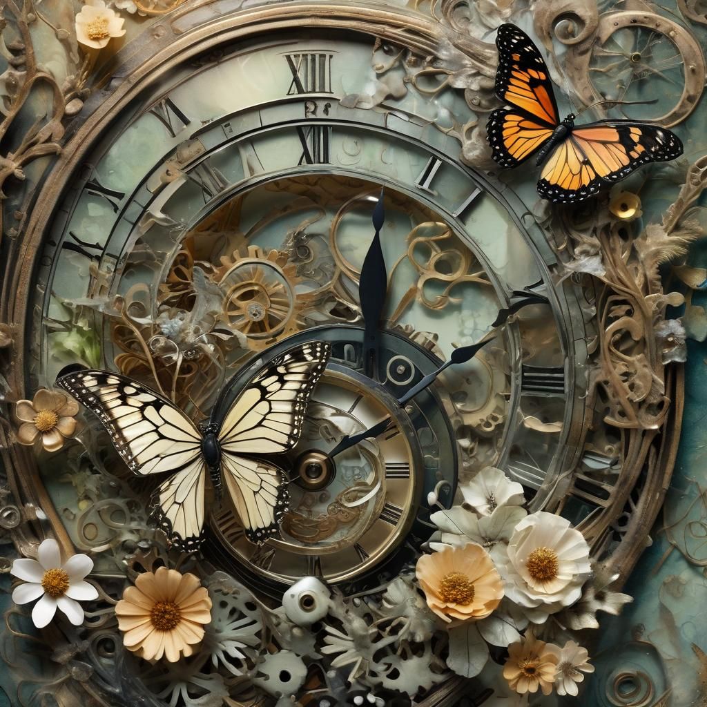 Surreal Butterfly on Melting Clock in Dreamlike Setting