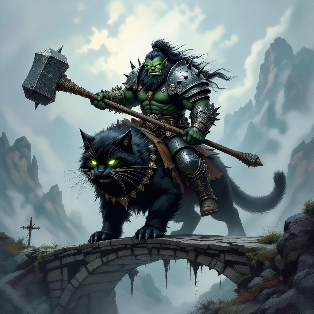Troll Warrior Rides Black Cat on Misty Bridge