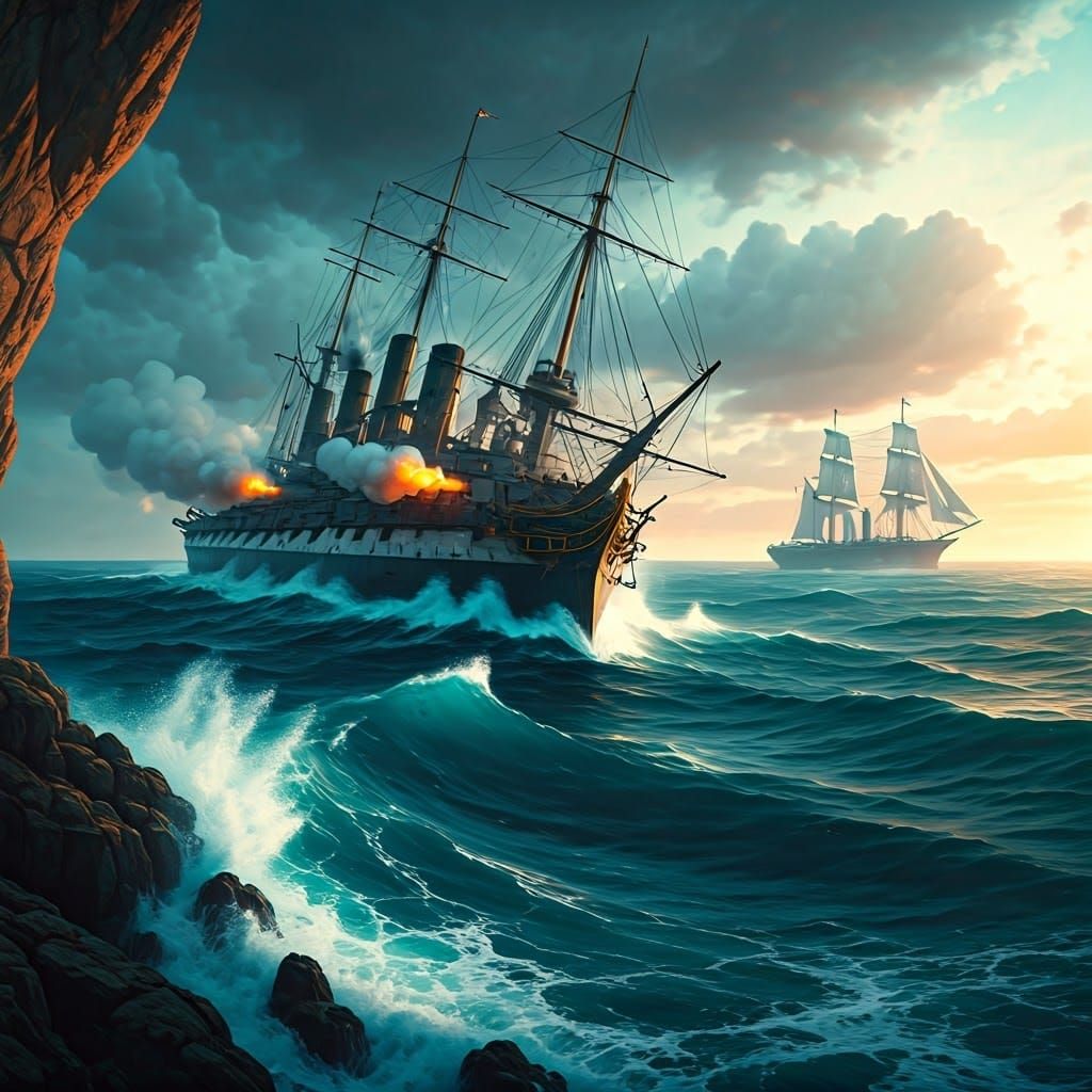 Majestic Warship Engages Enemy on Rocky Coastline in Epic Na...