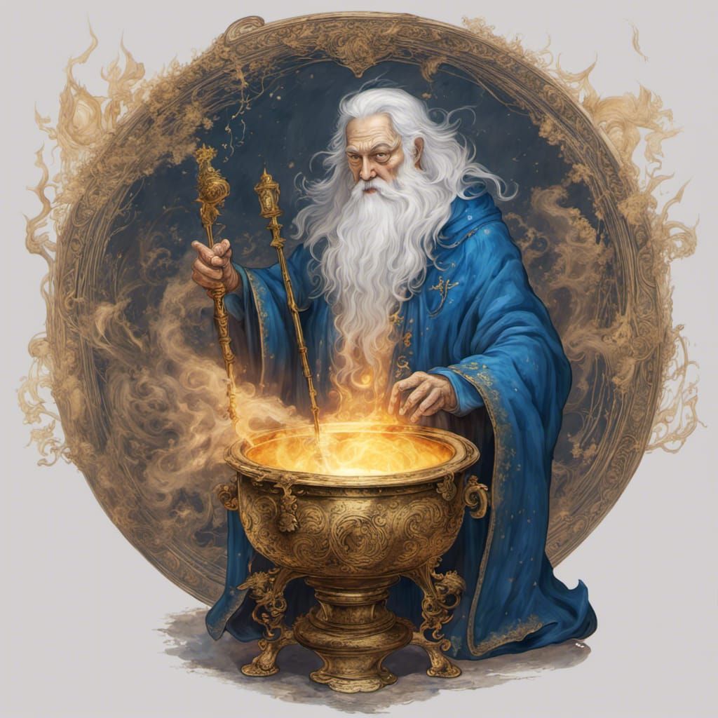 Old Wizard with Golden Cauldron in Digital Art