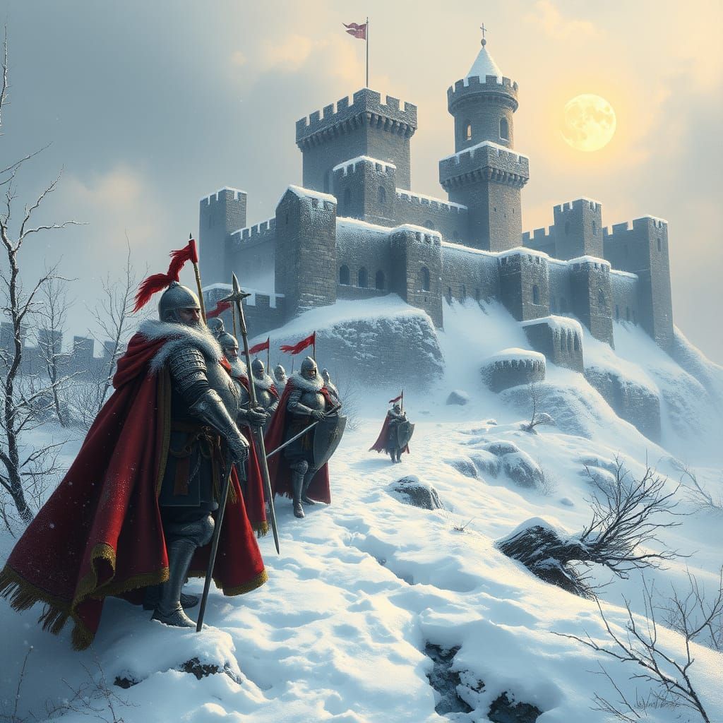 Medieval Winter Fortress with Knights Standing Guard