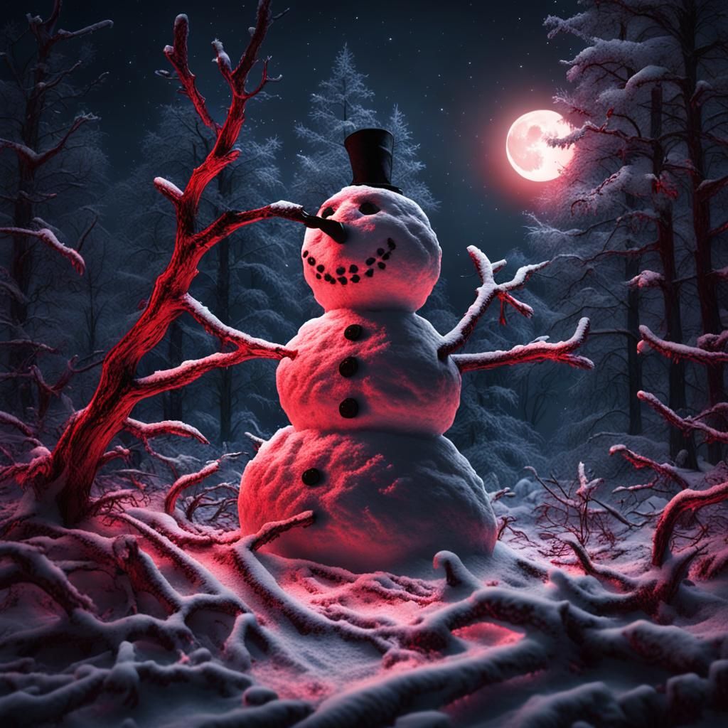 Dark Fantasy Snowman in Moonlit Winter Wonderland