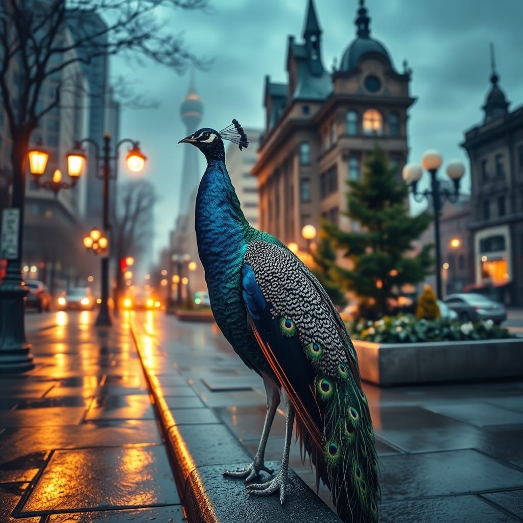 Vibrant Peacock in Downtown Toronto at Night