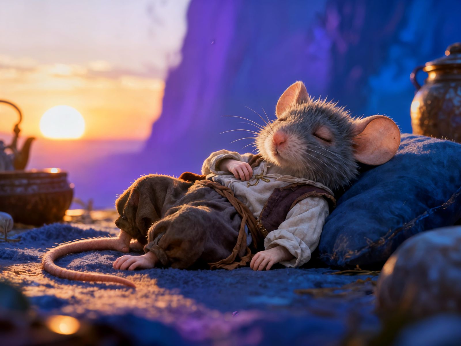 Fuzzy Mouse Napping in Sunrise Fantasy World