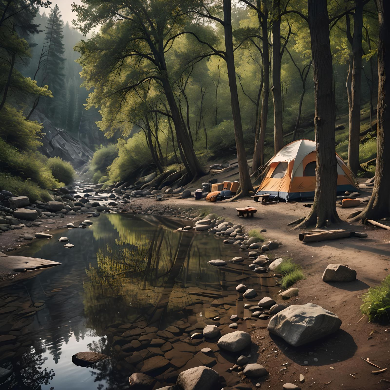 Hyperrealistic Campsite Next to Creek in HDR