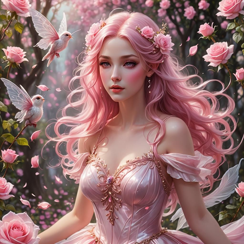 Ethereal Fairy Casting Pink Spell in Rose Garden