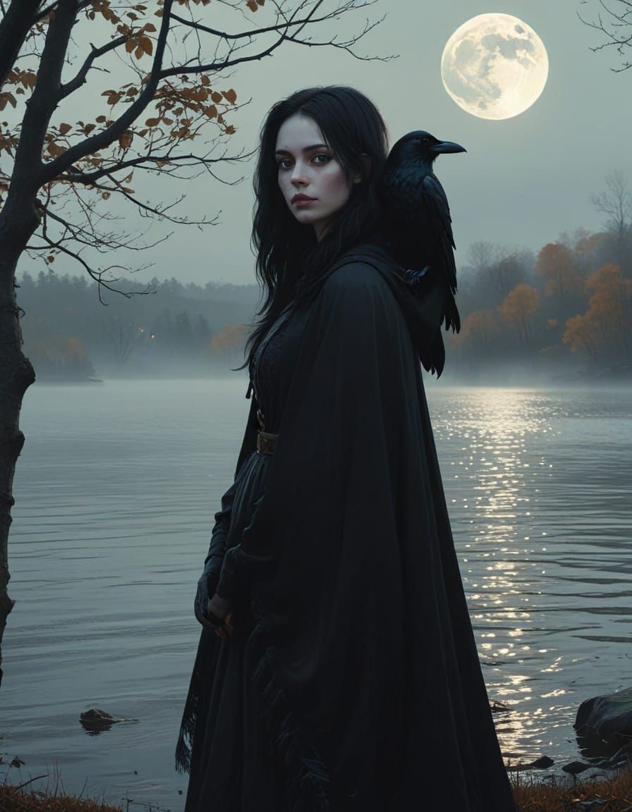 Mysterious Woman with Raven in Gothic Landscape