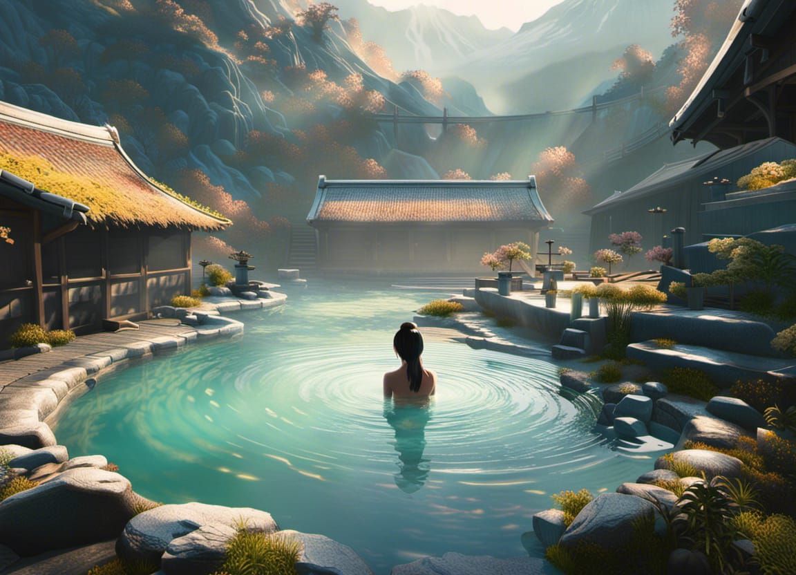 Solarpunk Winter Onsen: A 3D Digital Art Scene
