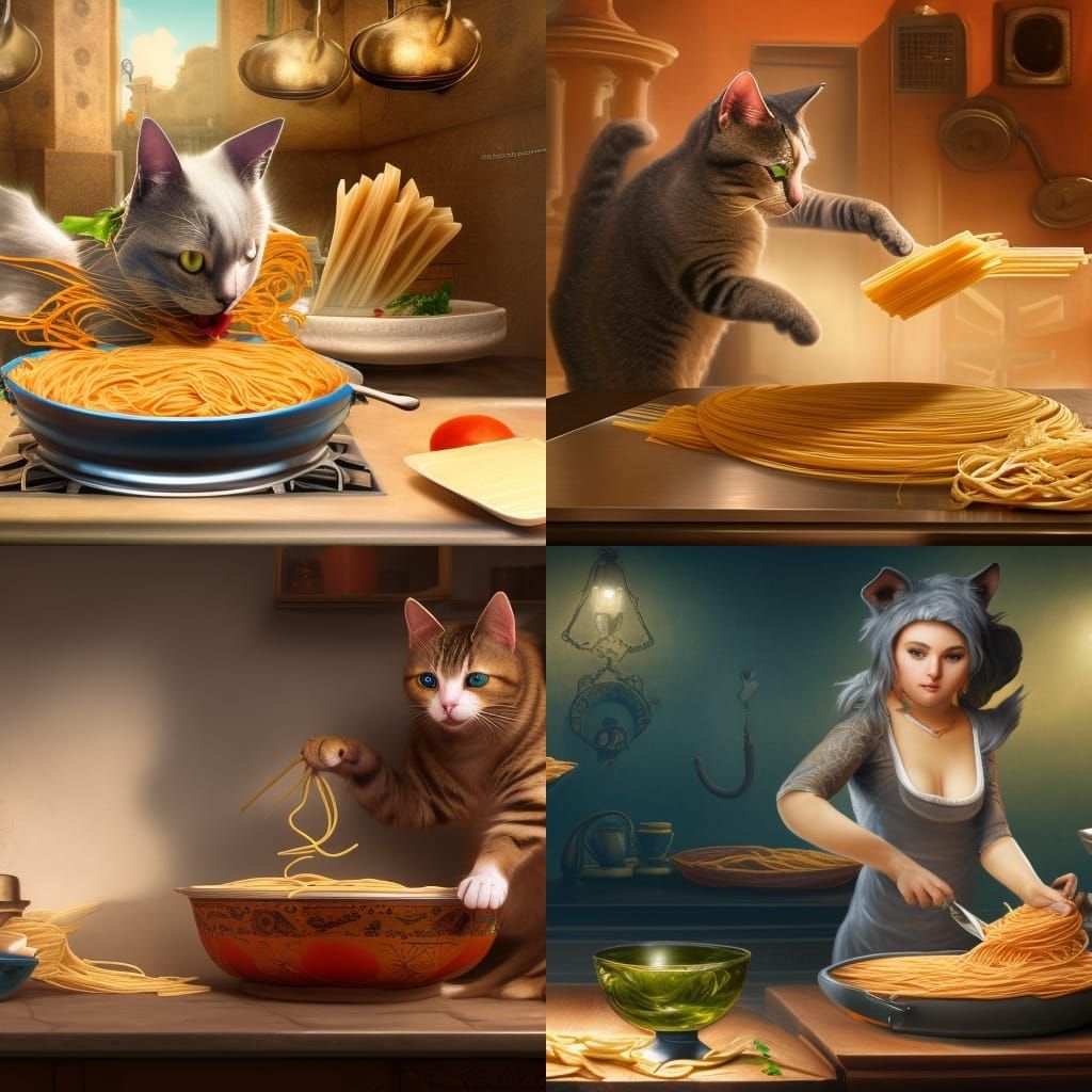 Italian Cat Chef Making Pasta: Detailed Matte Painting